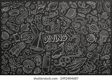 Chalkboard vector hand drawn doodle cartoon set of Diving theme items, objects and symbols