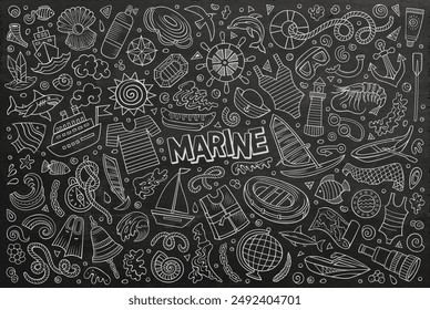 Chalkboard vector hand drawn doodle cartoon set of Marine theme items, objects and symbols