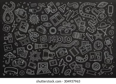 Chalkboard vector hand drawn Doodle cartoon set of objects and symbols on the photo theme