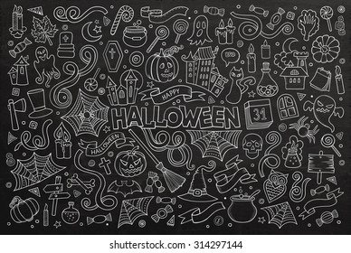 Chalkboard vector hand drawn Doodle cartoon set of objects and symbols on the Halloween theme