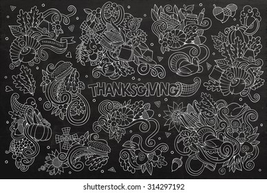 Chalkboard vector hand drawn Doodle cartoon set of objects and symbols on the Thanksgiving autumn theme