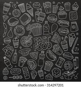 Chalkboard vector hand drawn Doodle cartoon set of objects and symbols on the fast food theme
