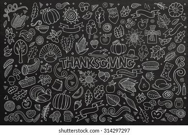 Chalkboard vector hand drawn Doodle cartoon set of objects and symbols on the Thanksgiving autumn theme