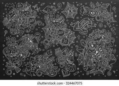 Chalkboard vector hand drawn Doodle cartoon set of objects and symbols on the Halloween theme