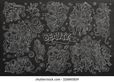Chalkboard vector hand drawn doodle cartoon set of objects and symbols on the cosmetic and beauty theme