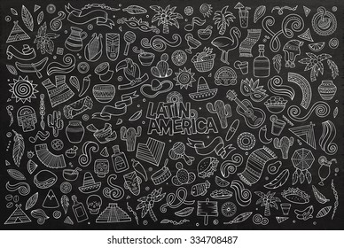 Chalkboard vector hand drawn Doodle cartoon set of objects and symbols on the Latin America theme