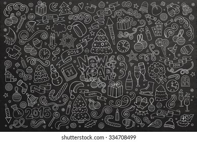 Chalkboard vector hand drawn Doodle cartoon set of objects and symbols on the Happy New Year theme