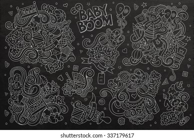 Chalkboard vector hand drawn Doodle cartoon set of objects and symbols on the baby theme