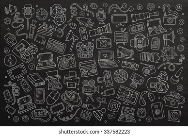 Chalkboard Vector Hand Drawn Doodle Cartoon Set Of Equipment And Devices Objects And Symbols