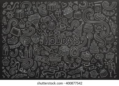 Chalkboard vector hand drawn Doodle cartoon set of holidays objects and symbols