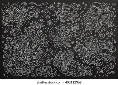 Chalkboard vector hand drawn Doodle cartoon set of hippie objects and symbols