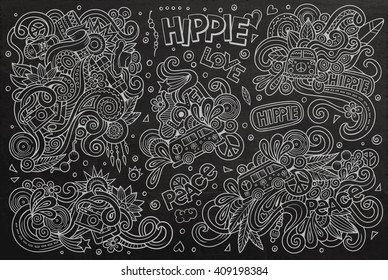 Chalkboard vector hand drawn Doodle cartoon set of hippie objects and symbols