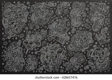 Chalkboard vector hand drawn Doodle cartoon set of marine, nautical objects and symbols