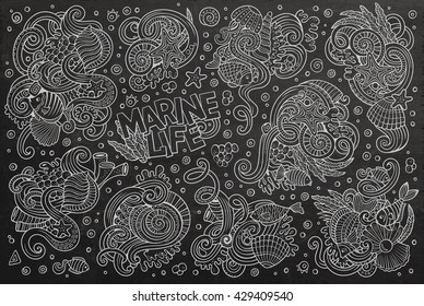 Chalkboard vector hand drawn Doodle cartoon set of marine life objects and symbols