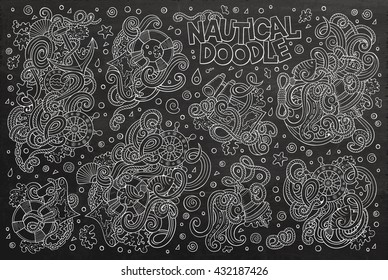 Chalkboard vector hand drawn Doodle cartoon set of marine, nautical objects and symbols