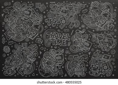 Chalkboard vector hand drawn doodle cartoon set of travel planning theme items, objects and symbols
