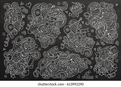 Chalkboard vector hand drawn doodle cartoon set of holidays objects and symbols