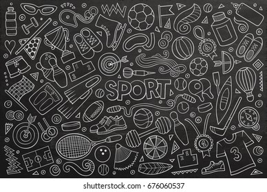 Chalkboard vector hand drawn doodle cartoon set of Sport objects and symbols