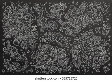 Chalkboard vector hand drawn doodles cartoon set of Space objects and symbols