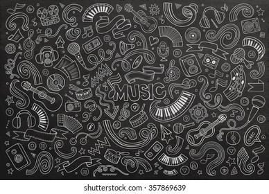 Chalkboard Vector Hand Drawn Doodles Cartoon Set Of Music Objects And Symbols