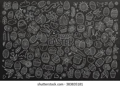 Chalkboard vector hand drawn doodles cartoon set of Easter objects and symbols