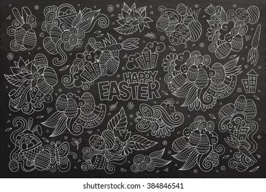 Chalkboard vector hand drawn doodles cartoon set of Easter objects and symbols
