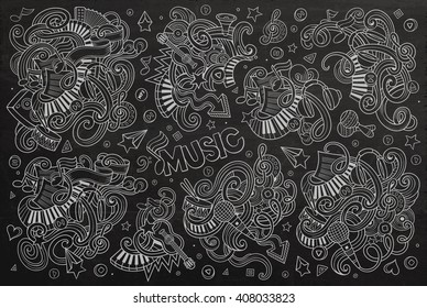 Chalkboard vector hand drawn doodles cartoon set of Music objects and symbols