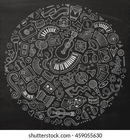 Chalkboard vector hand drawn set of Musical cartoon doodle objects, symbols and items. Round composition