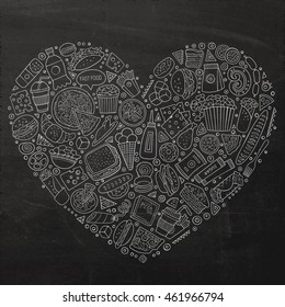 Chalkboard vector hand drawn set of Fast Food cartoon doodle objects, symbols and items. Heart form composition