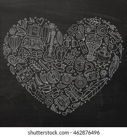 Chalkboard vector hand drawn set of Hippie cartoon doodle objects, symbols and items. Heart form composition