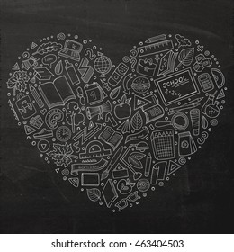 Chalkboard vector hand drawn set of Education cartoon doodle objects, symbols and items. Heart form composition