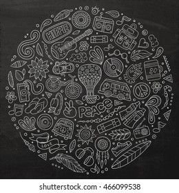 Chalkboard vector hand drawn set of Hippie cartoon doodle objects, symbols and items. Round composition