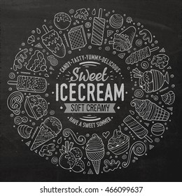 Chalkboard vector hand drawn set of Ice Cream cartoon doodle objects, symbols and items. Round frame composition