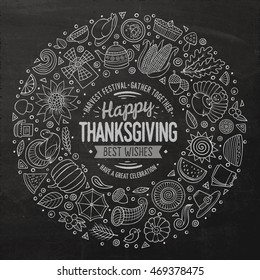 Chalkboard vector hand drawn set of Thanksgiving cartoon doodle objects, symbols and items. Round frame composition