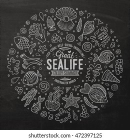 Chalkboard vector hand drawn set of Sea life cartoon doodle objects, symbols and items. Round frame composition