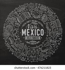 Chalkboard vector hand drawn set of Latin American cartoon doodle objects, symbols and items. Round frame composition