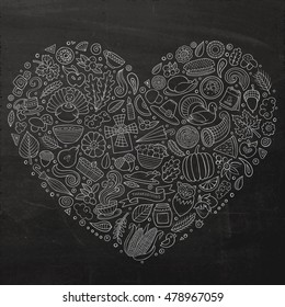 Chalkboard vector hand drawn set of Thanksgiving cartoon doodle objects, symbols and items. Heart form composition