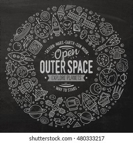 Chalkboard vector hand drawn set of space cartoon doodle objects, symbols and items. Round frame composition