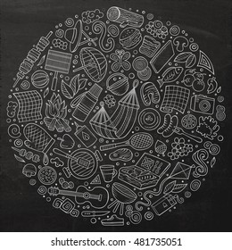 Chalkboard vector hand drawn set of Picnic cartoon doodle objects, symbols and items. Round composition