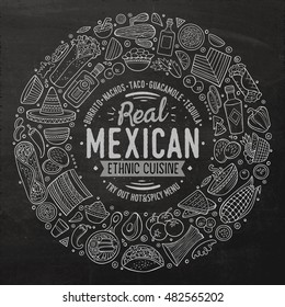 Chalkboard vector hand drawn set of Mexican food cartoon doodle objects, symbols and items. Round frame composition