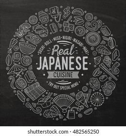 Chalkboard vector hand drawn set of Japanese food cartoon doodle objects, symbols and items. Round frame composition