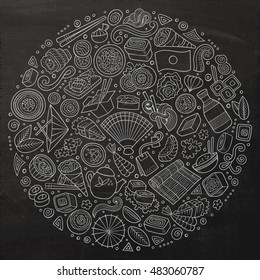 Chalkboard vector hand drawn set of Japan food cartoon doodle objects, symbols and items. Round composition
