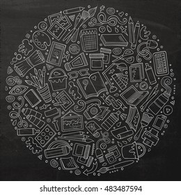 Chalkboard vector hand drawn set of Designer cartoon doodle objects, symbols and items. Round composition