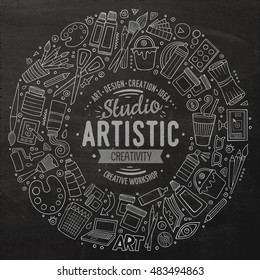 Chalkboard vector hand drawn set of Art cartoon doodle objects, symbols and items. Round frame composition