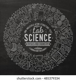 Chalkboard vector hand drawn set of Science cartoon doodle objects, symbols and items. Round frame composition