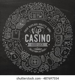 Chalkboard vector hand drawn set of Casino cartoon doodle objects, symbols and items. Round frame composition