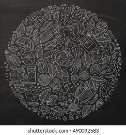 Chalkboard vector hand drawn set of Autumn cartoon doodle objects, symbols and items. Round composition
