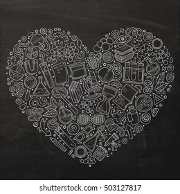 Chalkboard vector hand drawn set of Science cartoon doodle objects, symbols and items. Heart form composition