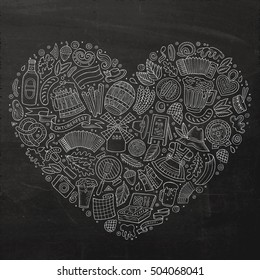 Chalkboard vector hand drawn set of Beer cartoon doodle objects, symbols and items. Heart form composition