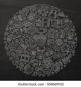 Chalkboard vector hand drawn set of Cinema cartoon doodle objects, symbols and items. Round composition